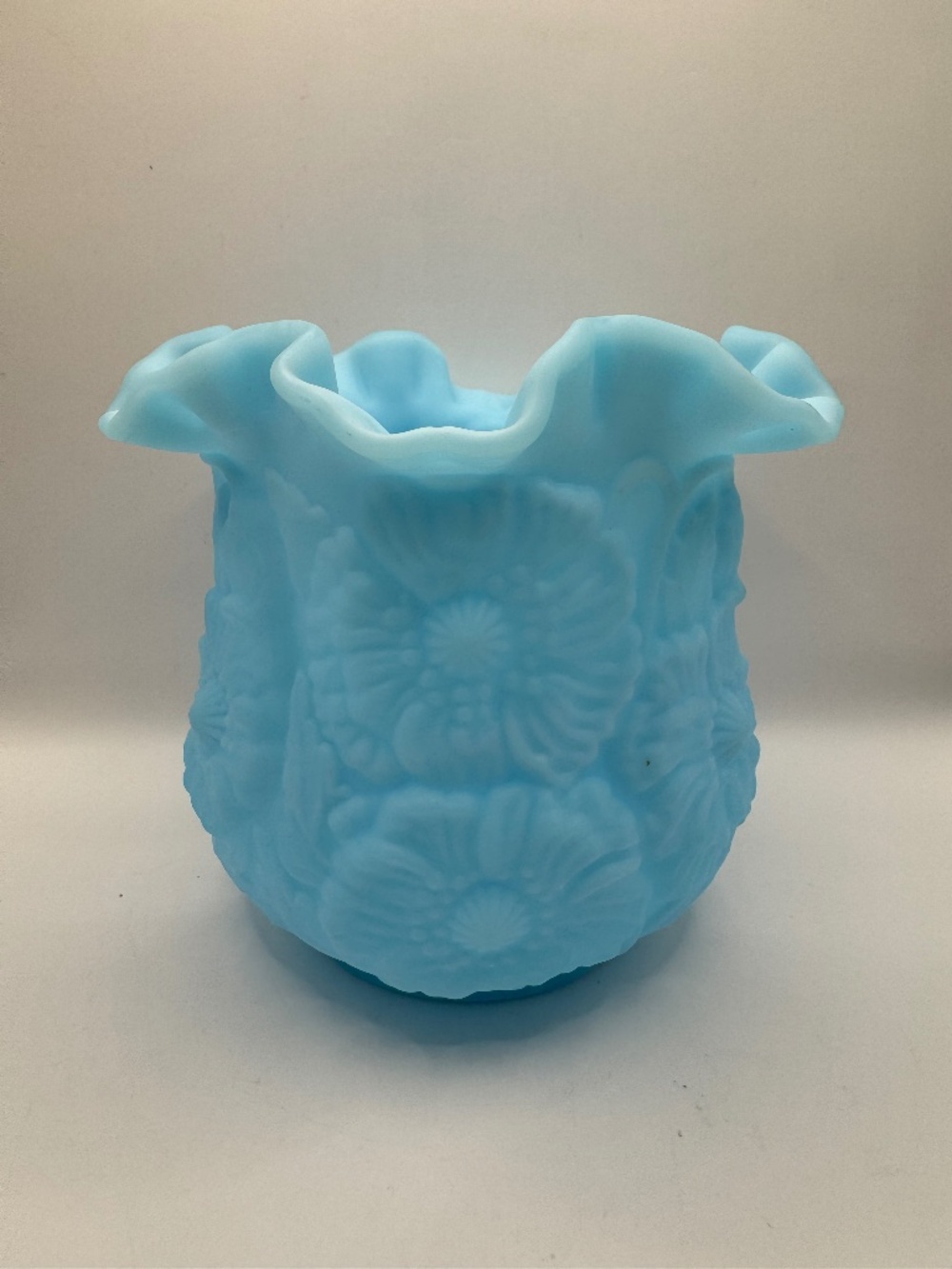 Vintage Fenton Blue Satin Glass Poppy Vase With Ruffled Edge.